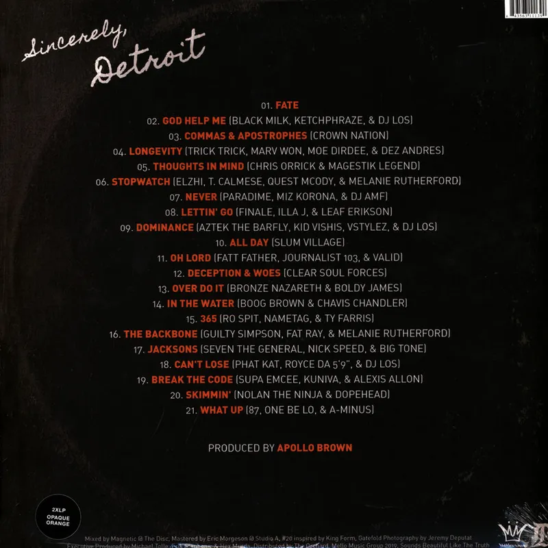 Sincerely, Detroit (Opaque Orange Vinyl Edition) 2LP - Apollo 